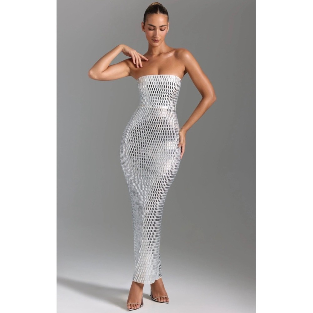 Oh Polly Amaya Embellished Bandeau Maxi Dress Sz 2 White/Silver NWT